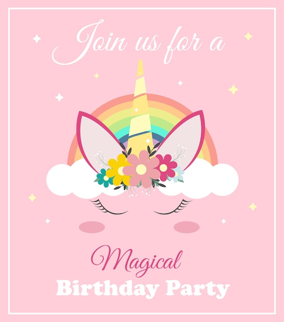 Pink unicorn birthday party invitation with unicorn on the top.