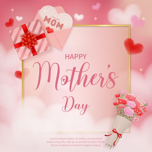 Pink vector Mother's Day card with border with gift carnation bouquet and hearts