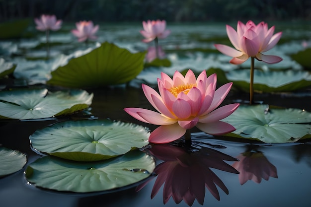 Vector a pink water lily sits on a pond with other water lilies