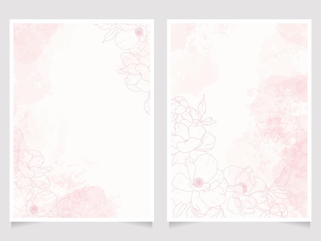 Pink watercolor splash with line art poeny 5x7 invitation card background template collection