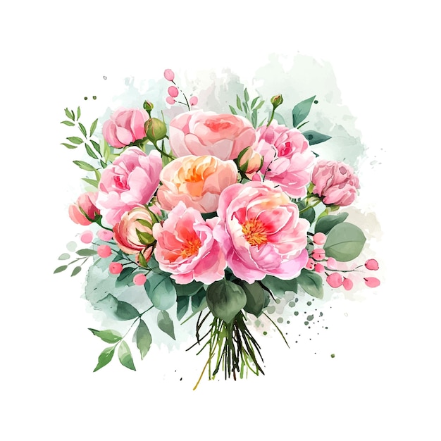 pink wedding bouquet cartoon style watercolor illustration on white background