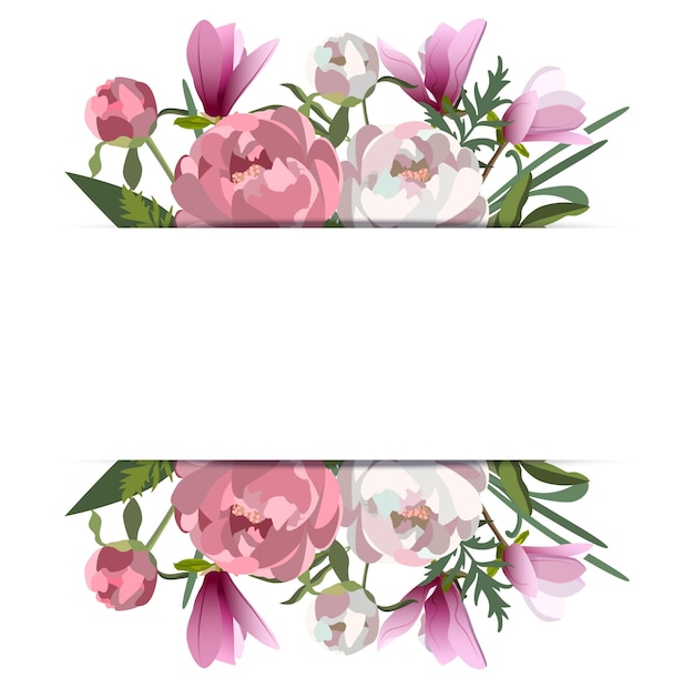 Pink wedding horizontal botanical vector design banner. Magnolias, peony flowers with leaves