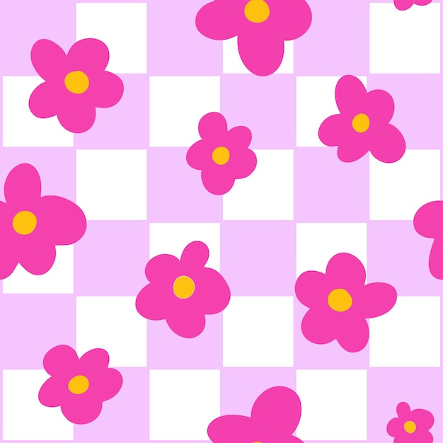 Pink and White Groovy Checkerboard Grid seamless pattern with small daisy flower doodle Y2K 90s