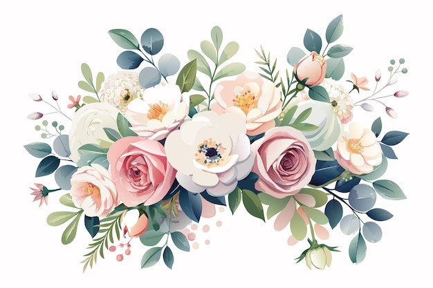 Pink and white roses garland wedding bouquet in watercolor style