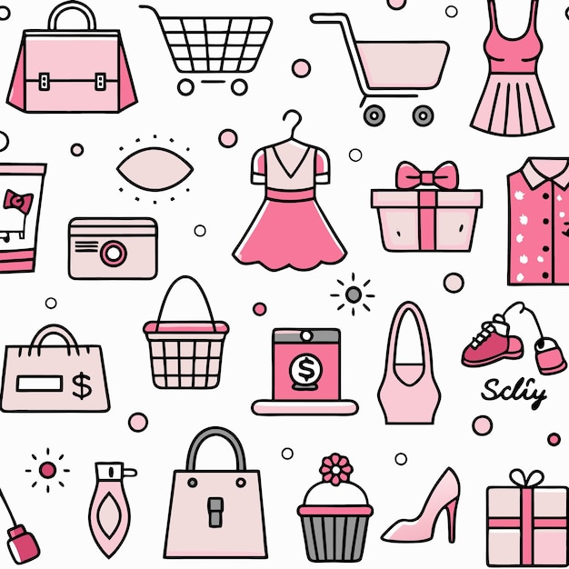 Pink and White Shopping and Fashion Icon Pattern