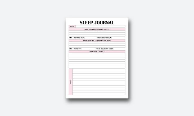 Vector a pink and white sleep journal sheet with the words sleep journal on it.