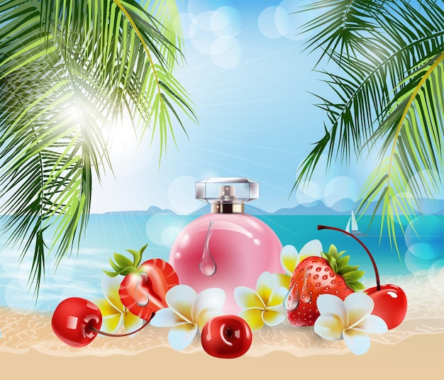 Pink womens perfume tropical flowers and fruit against the background of palm leaves and water