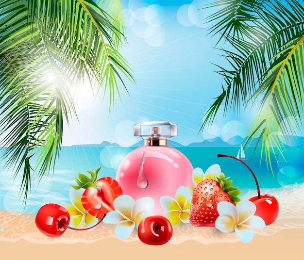 pink womens perfume tropical flowers and fruit against the background of palm leaves and water