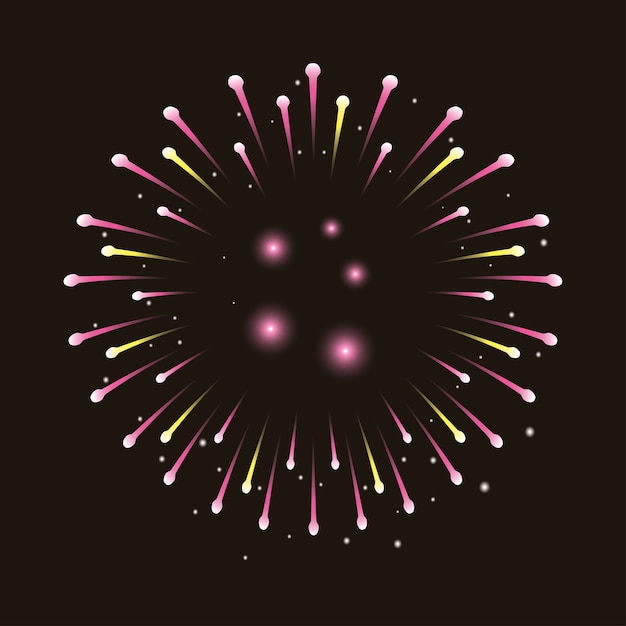 Pink and yellow fireworks splash lights in sky night.