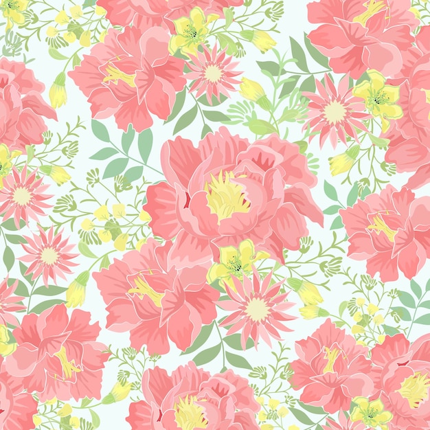 Pink and yellow flower  with green leaf pattern.