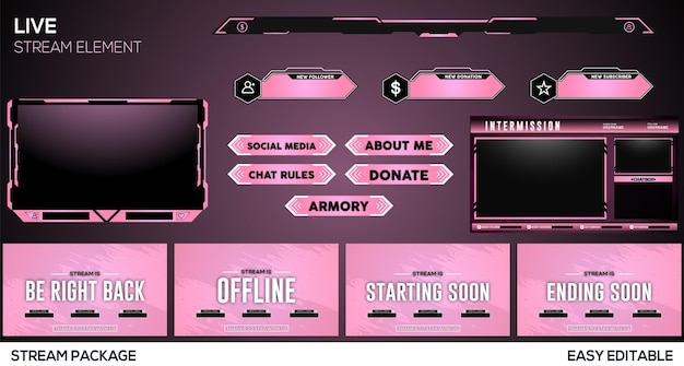 Pinkish gradient live stream overlay and others gaming element design