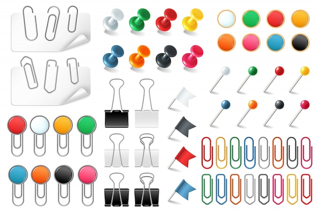 Pins paper clips. Push pins fasteners staple tack pin colored paper clip office organized announcement, realistic  set