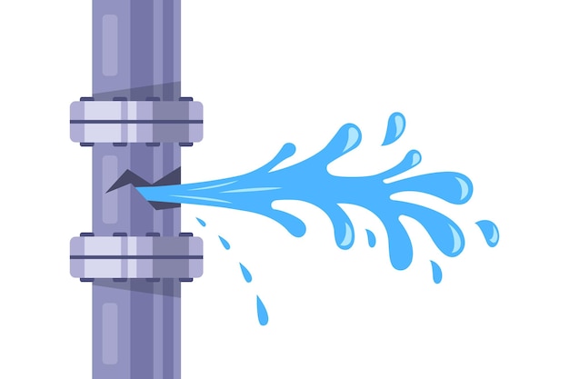 pipe burst water flows from the hole flat vector illustration