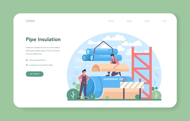 Pipe insulation web banner or landing page. Thermal or acoustic insulation. Worker putting insulation materials. Construction service, house renovation. Isolated flat vector illustration