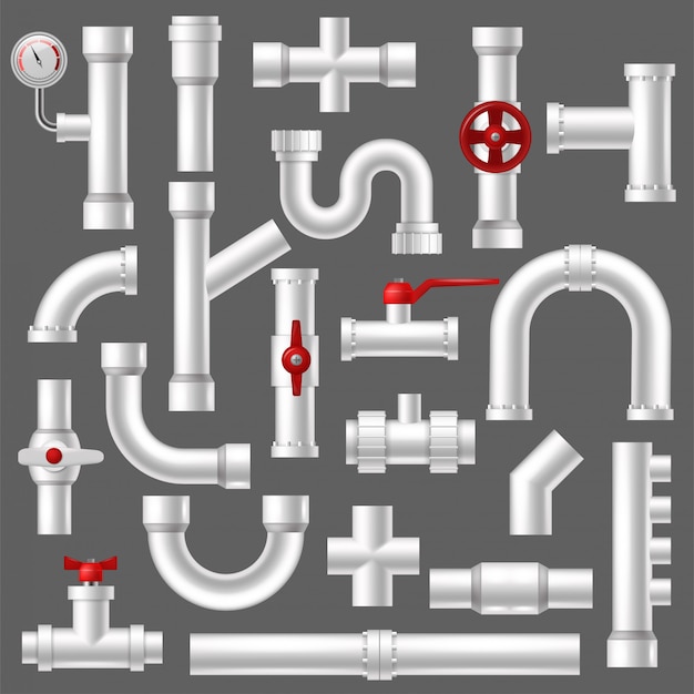 Pipe vector plumbing pipeline or piped tubing construction of piping system illustration set of plastic tubes with valves isolated
