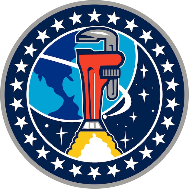 Pipe Wrench Rocket Booster Orbit Earth Circle Retro