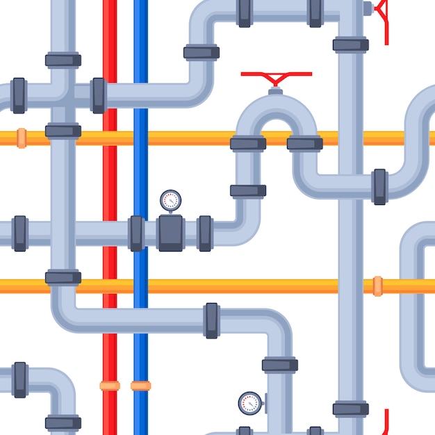 Vector pipeline pattern seamless print with water pipe details drainage system elements heating cooling tubes for decorative background vector texture