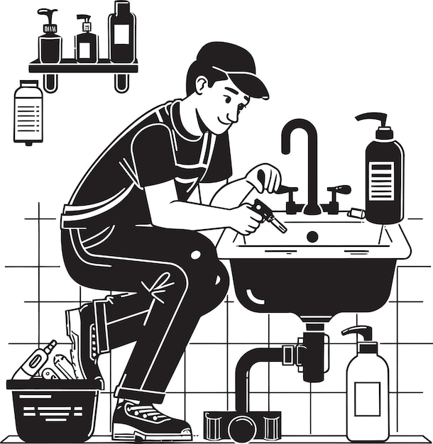 Vector pipeline picasso plumbing worker repairs logo icon tap tactician worker repair vector emblem