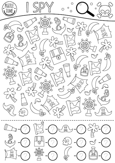 Pirate black and white I spy game for kids Searching and counting activity with pirate accessories and symbols Treasure island hunt coloring page Simple sea adventure spotting worksheetxA