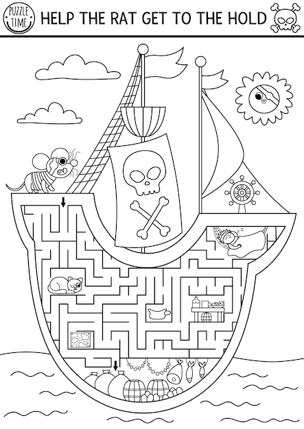 Pirate black and white maze for kids with marine landscape and ship interior Treasure hunt preschool printable activity Sea adventures coloring labyrinth game or puzzle Help rat get to holdxA