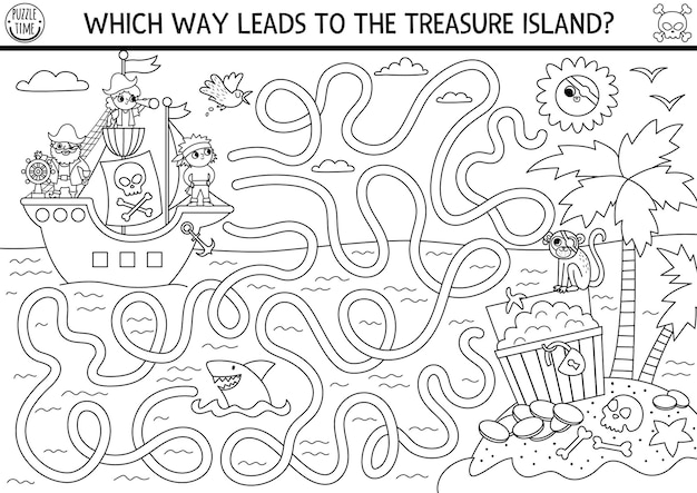 Pirate black and white maze for kids with marine landscape ship treasure island Treasure hunt preschool printable activity with chest coins shark Sea adventures coloring labyrinthxA