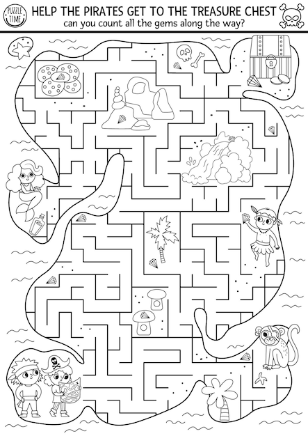 Pirate black and white maze for kids with tropical treasure island and cute kid pirates Treasure hunt preschool printable activity Sea adventures coloring labyrinth with chest map mermaidxA