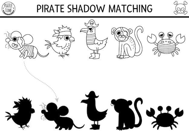 Pirate black and white shadow matching activity Treasure island hunt line puzzle with cute animals and birds Find correct silhouette printable worksheet Sea adventures coloring page for kidsxA