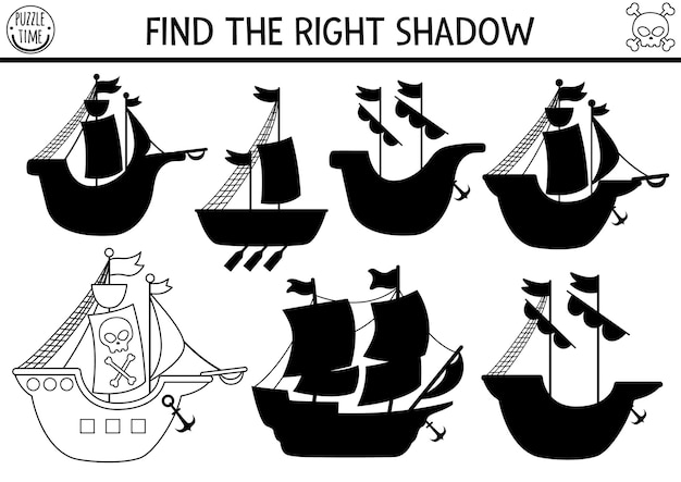 Pirate black and white shadow matching activity Treasure island hunt line puzzle with pirate ships Find correct silhouette worksheet Sea adventures coloring page for kids with boat and sailsxA