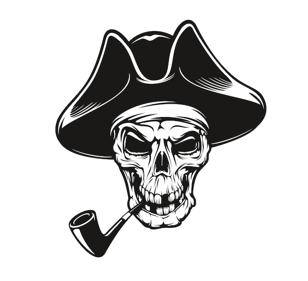 Pirate captain skull tattoo with pipe tricorn hat