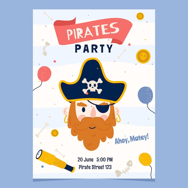 Vector pirate cartoon birthday party invitation flat style