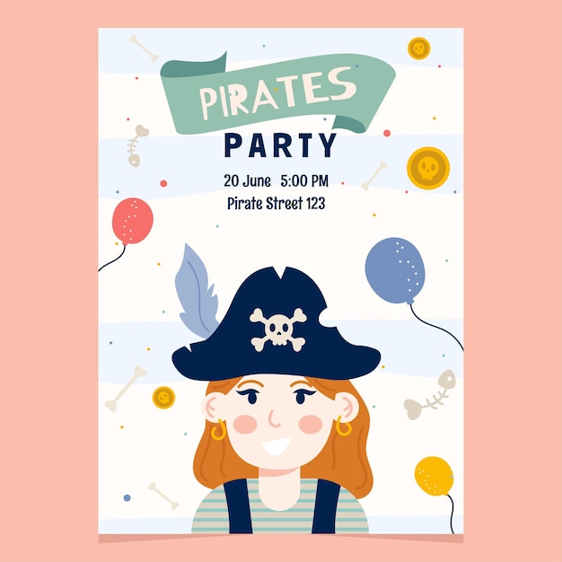 Vector pirate cartoon birthday party invitation with girl pirate