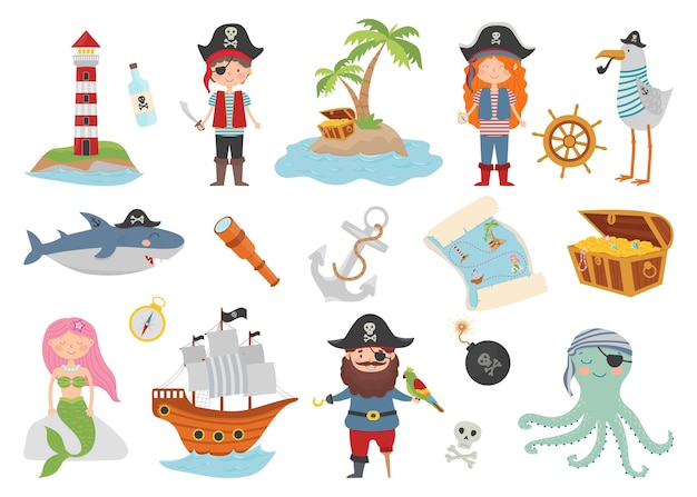 Pirate cartoon character set, flat style. Pirate, treasure island, shark, octopus, seagull, mermaid