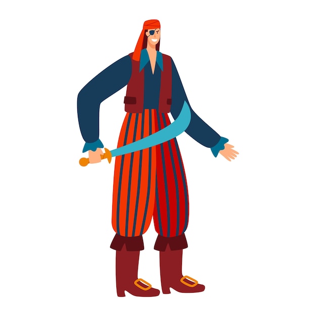 Pirate character male in bandana traditional costume ocean bandit hold eastern sabre isolated on