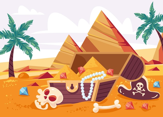 Pirate chest treasure on desert island concept flat cartoon graphic design illustration