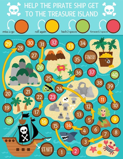 Pirate dice board game for children with treasure island map Treasure hunt boardgame with pirate ship chest isles mermaid shark Sea adventures printable activity or worksheetxA