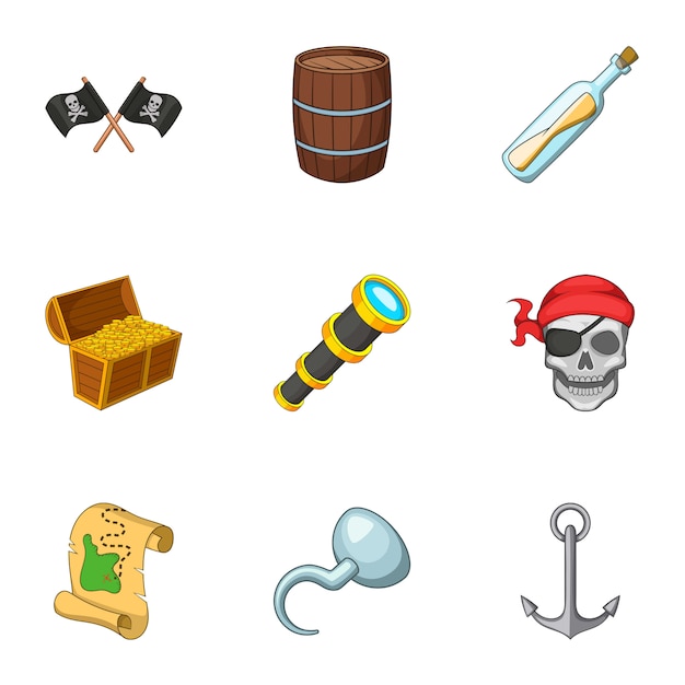 Pirate equipment set, cartoon style