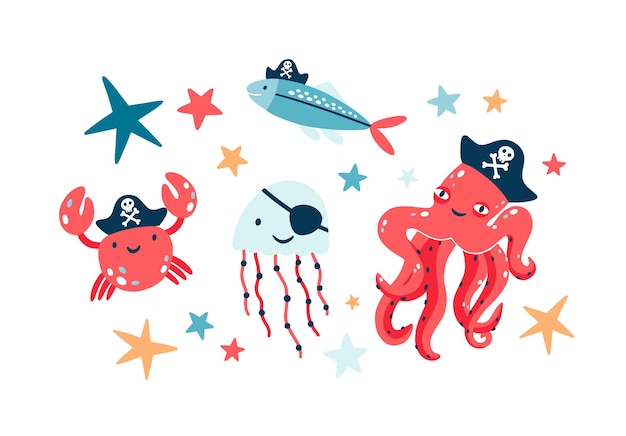 Pirate fish illustrations set. Undersea world habitants wearing pirate eyepatches and black bandanas isolated on white background. Octopus crab and jellyfish colorful cartoon characters collection.