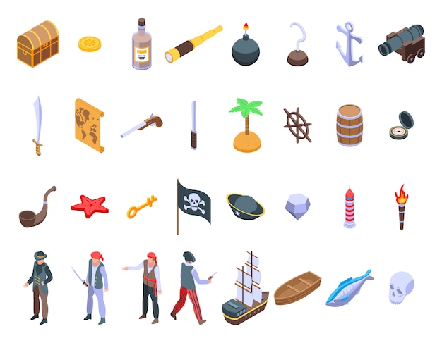 Pirate icons set, isometric style