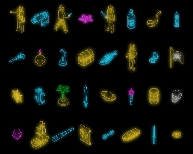 Pirate icons set vector neon