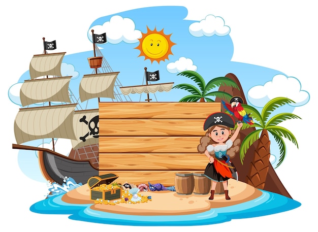 Pirate island with an empty banner isolated on white background