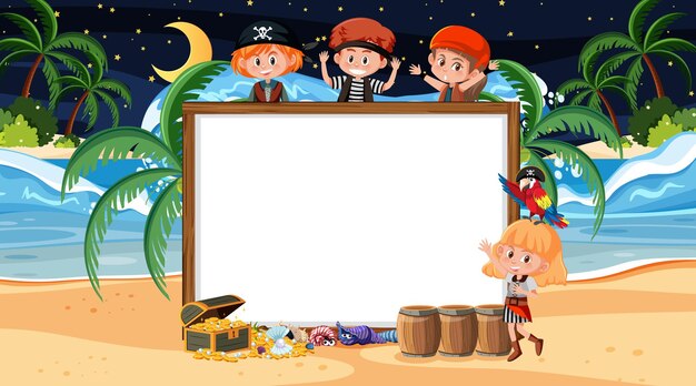 Pirate kids at the beach night scene with an empty banner template