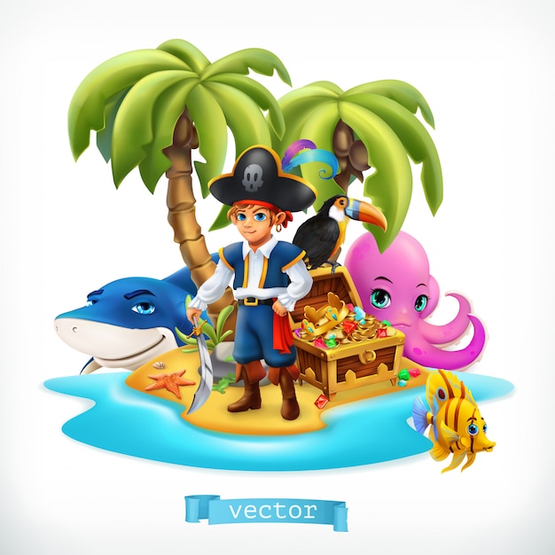 Pirate. Little boy and funny animals. Tropical island and treasure chest