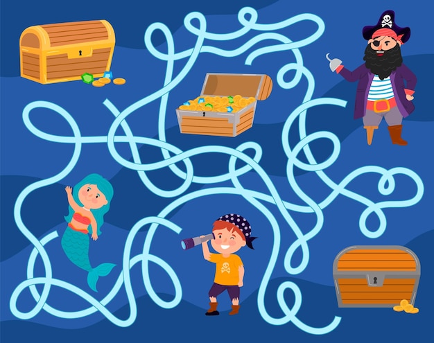 Pirate maze for kids treasure hunt preschool activity help the pirate get to the treasures vector im