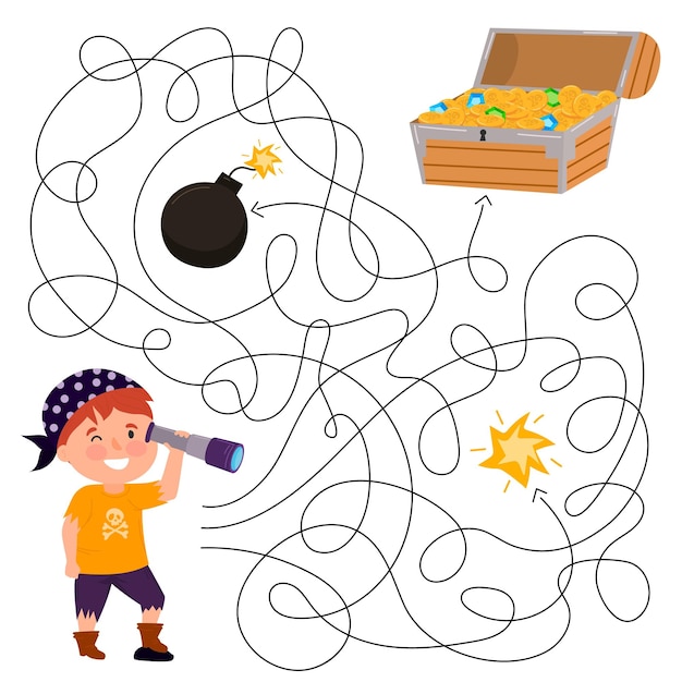 Pirate maze for kids Treasure hunt preschool activity Help pirate with spyglass get to the treasures