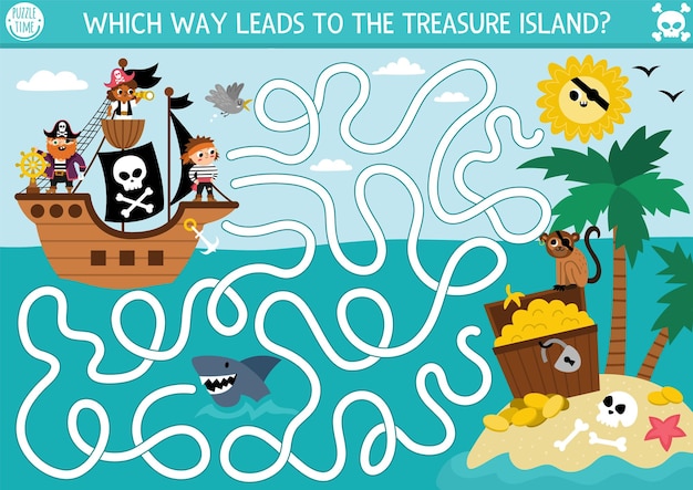 Pirate maze for kids with marine landscape ship treasure island Treasure hunt preschool printable activity with chest coins shark sun palm trees Sea adventures labyrinth game or puzzlexA