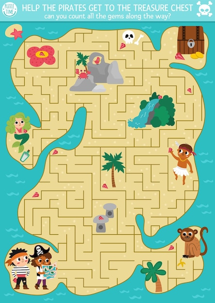 Pirate maze for kids with tropical treasure island and cute kid pirates Treasure hunt preschool printable activity Sea adventures labyrinth game or puzzle with chest map mermaidxA