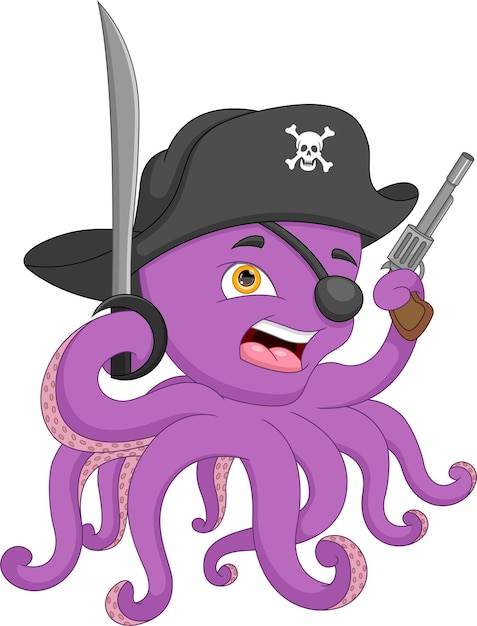 pirate octopus cartoon holding sword and gun