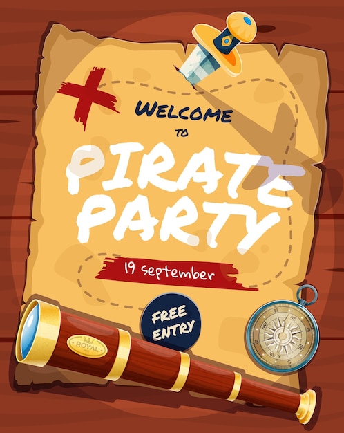 Vector pirate party flyer with vintage manuscript scroll