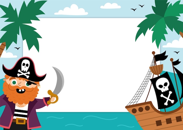 Pirate party greeting card template with cute captain ship marine landscape Treasure island poster