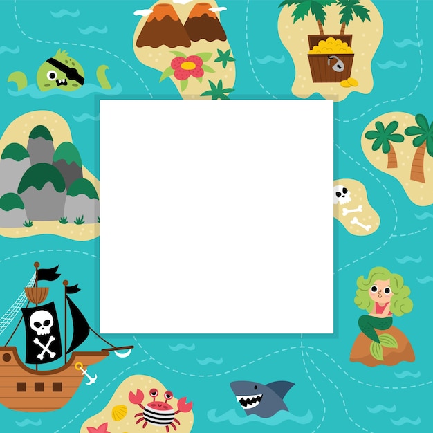 Pirate party greeting card template with cute marine landscape plan or map Square poster with treasure island scene or invitation for kids Bright sea holiday illustration with place for textxA